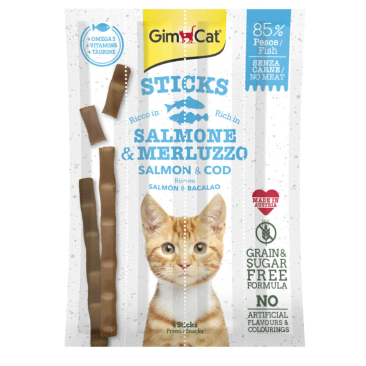 GIMCAT Sticks, Zalm en Kabeljauw, graanvrij beloningszakje voor katten, 20g