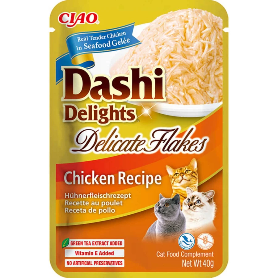 INABA Churu Dashi Delights Delicate Flakes, Huhn, Beutel getreidefreies Katzenfeuchtfutter, (Topping), 40g