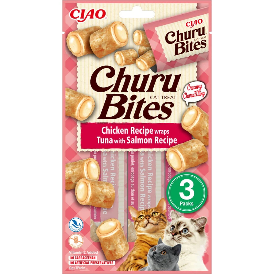 INABA Churu Bites, Kip, Tonijn en Zalm, zakje, zakje beloningen graanvrij, katten, semi-nabootsend, 30g