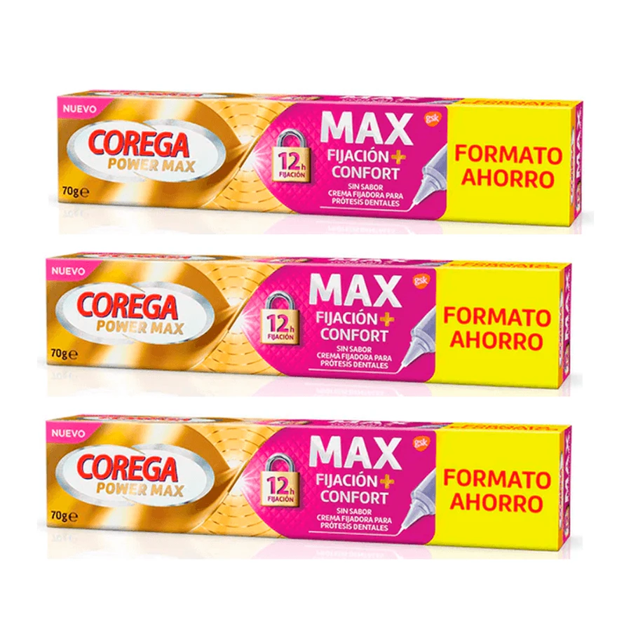 Corega Triplo Max Crema di fissaggio + Comfort per protesi dentarie, 3 x 70 g