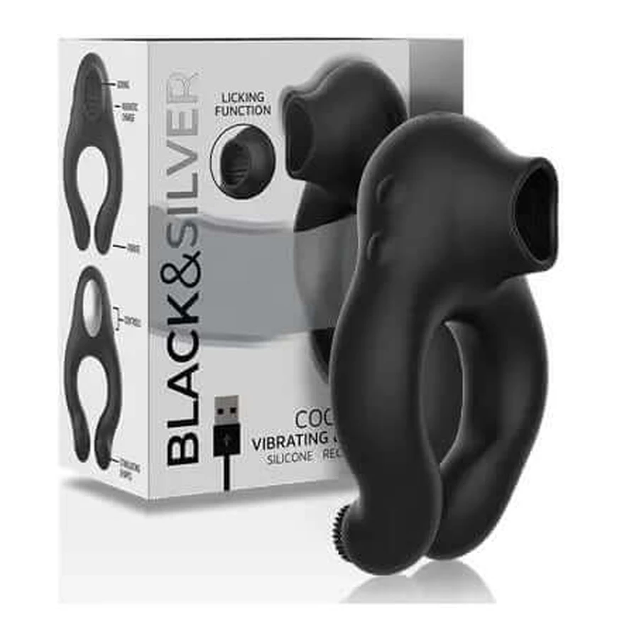 Black&Silver - Inel vibrator din silicon cu 3 motoare reîncărcabile Negru