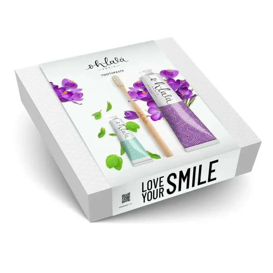 Ohlala Zahnpasta " Cool Set " (Violette Minze 75ml + Frische Minze 15 ml + Bambuszahnbürste)