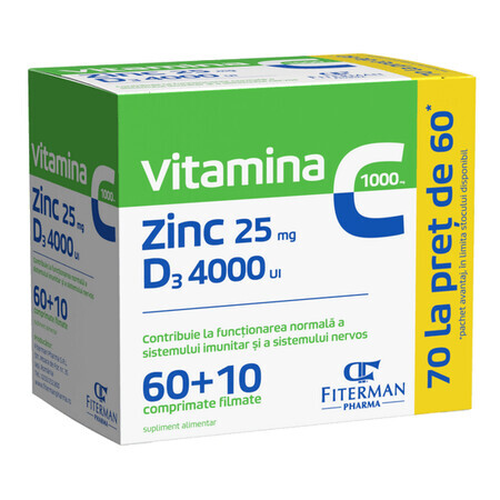 Vitamine C 1000 mg + Zn 25 mg + D3 4000UI, 60 + 10 filmomhulde tabletten, Fiterman