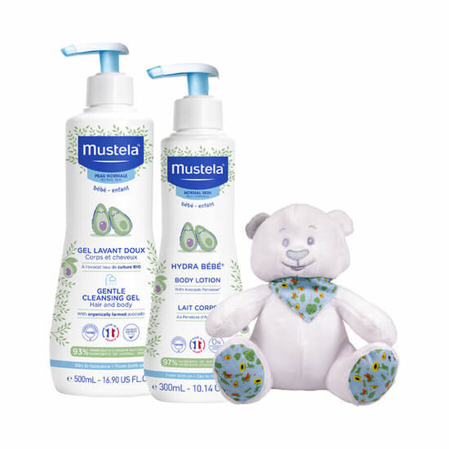 Pakket Haar- en Lichaamsreinigingsgel en Hydra Baby Body Lotion, Mustela