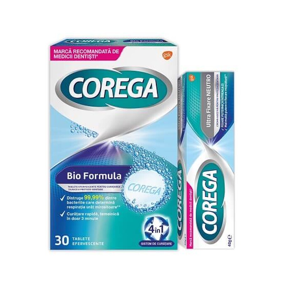 Pakket Bruistabletten Biologische Formule, 30 tabletten + Neutro Ultra Fixatie Tandheelkundige Crème, 40 g, Corega