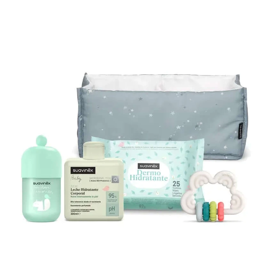Suavinex Baby Gift Latte per bambini 300 Ml + Ricordi di colonia per bambini 100 Ml + Salviette + Teether, blu