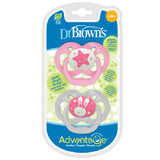 Lot de 2 sucettes en silicone rose Advantage avec couvercle, 6-18 mois, Dr Brown`s