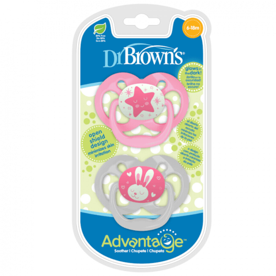 Lot de 2 sucettes en silicone rose Advantage avec couvercle, 6-18 mois, Dr Brown`s