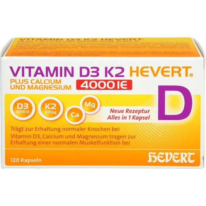 VITAMINE D3 K2 Hevert+Calcium en Magnes.4000 IU Kps. 120 Caps.