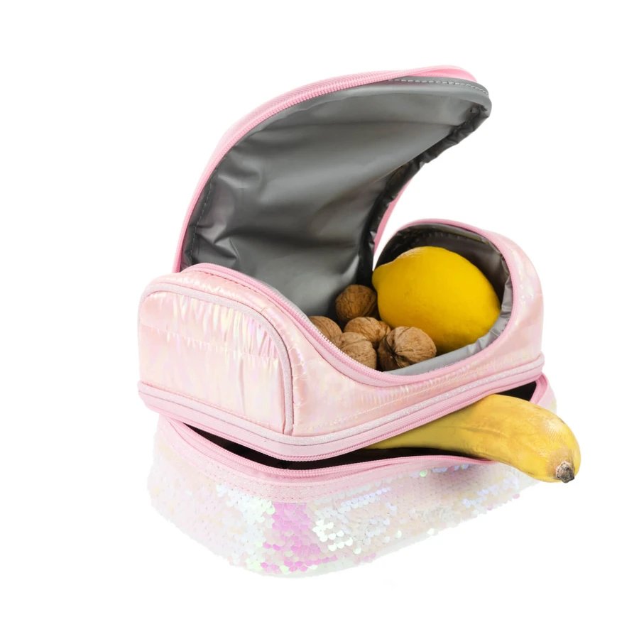 Lunch box Girabrilla – cutie termică matlasată cu paiete reversibile și interior impermeabil