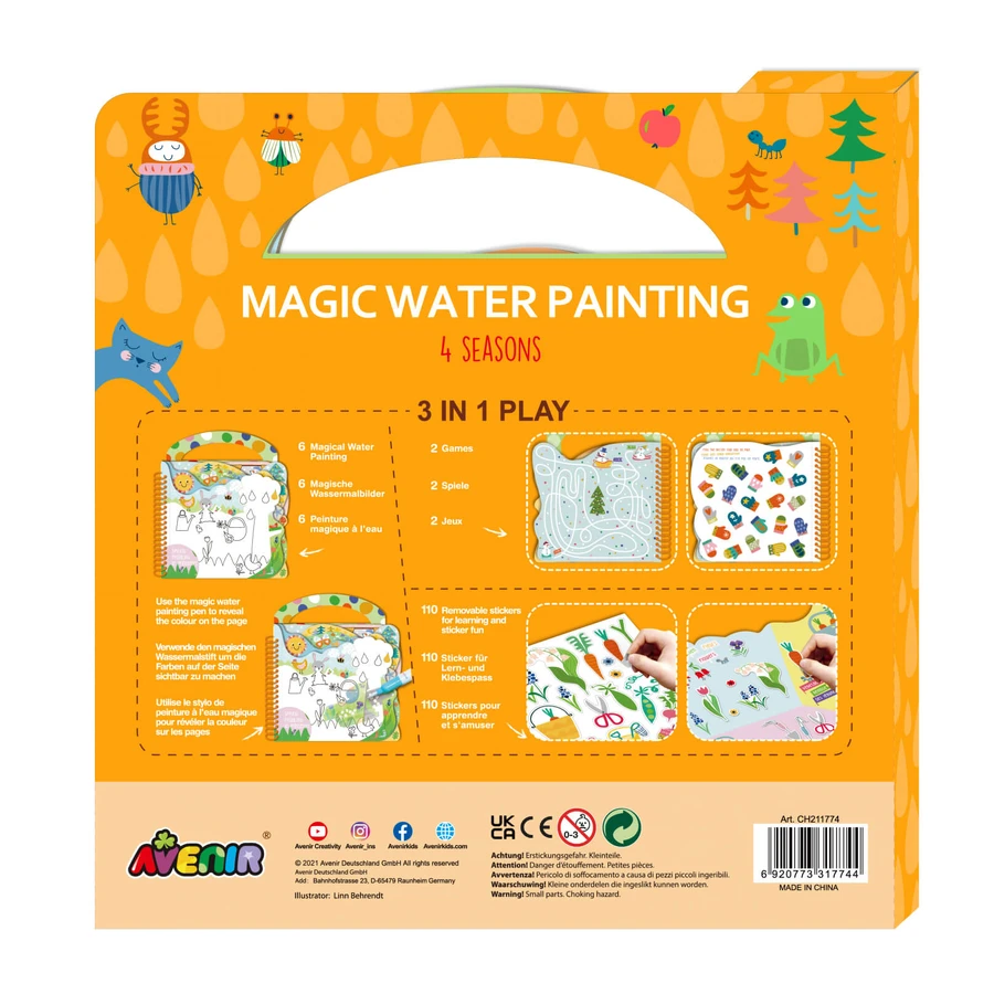 Tragbares Aquarellmalbuch, Aufkleber und Spiele - 4 Jahreszeiten