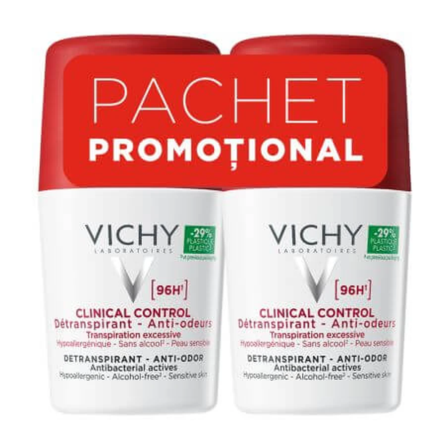 Clinical Control Antiperspirant Roll-on Deodorant 96H, 50 ml + 50 ml, Vichy
