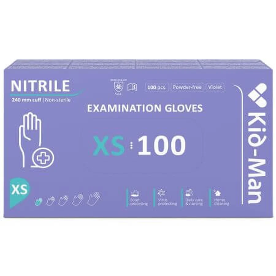 Wegwerphandschoenen paars nitril, maat XS, 100 stuks, Kid-Man