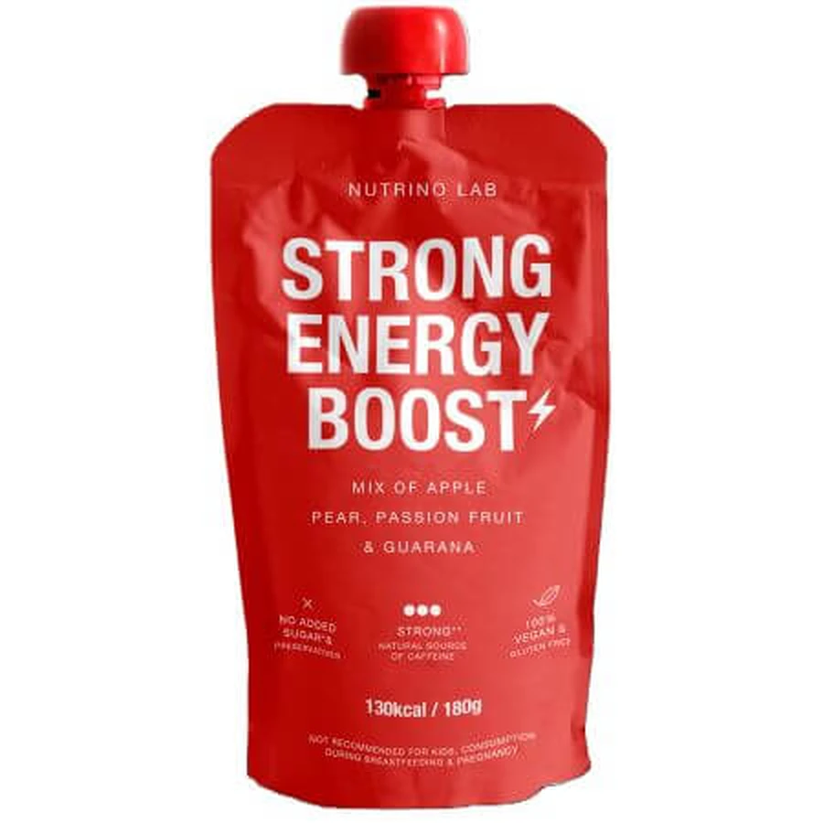 Pasteryzowany przecier owocowy z jabłkami, gruszkami, marakują i guaraną Strong Energy Boost, 180 g, Nutrino Lab: ceny i cechy