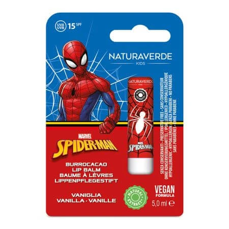 Lippenbalsem met zonnebescherming SPF 15 en vanillegeur Spiderman, 5 ml, Naturaverde