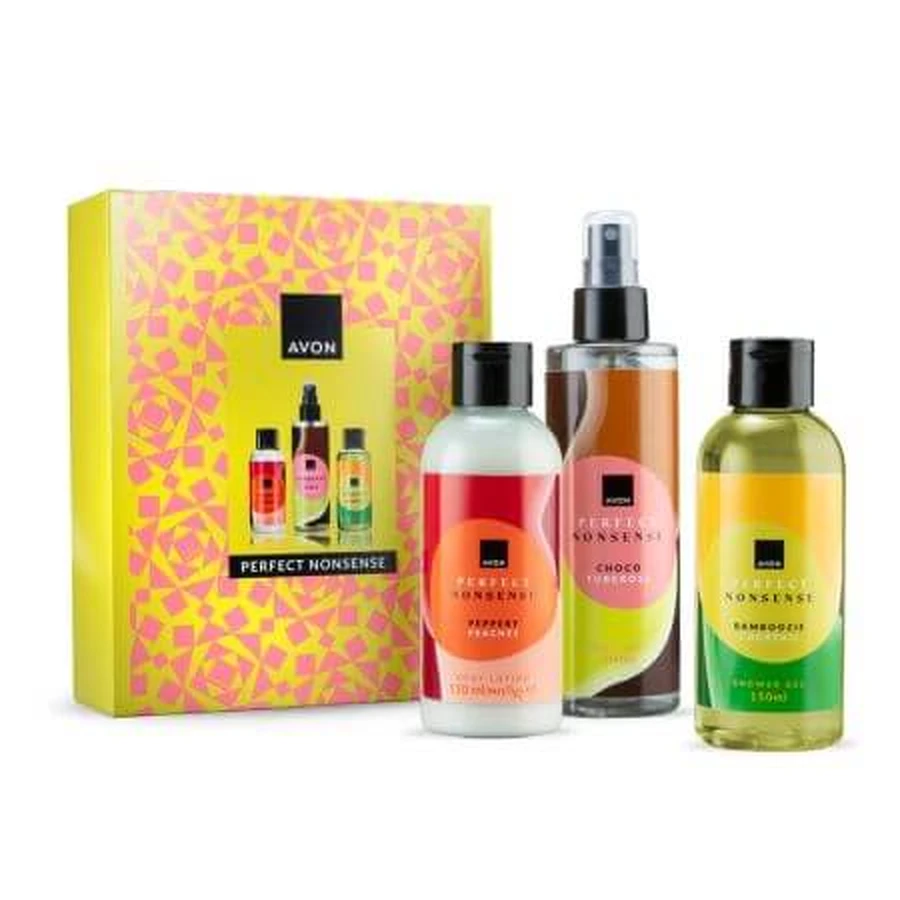 Set Gel doccia Bamboozie Cocktail, 150 ml + Spray corpo Choco Tuberose, 200 ml + Lozione corpo Pesca pepata, 150 ml, Perfect Nonsense, Avon