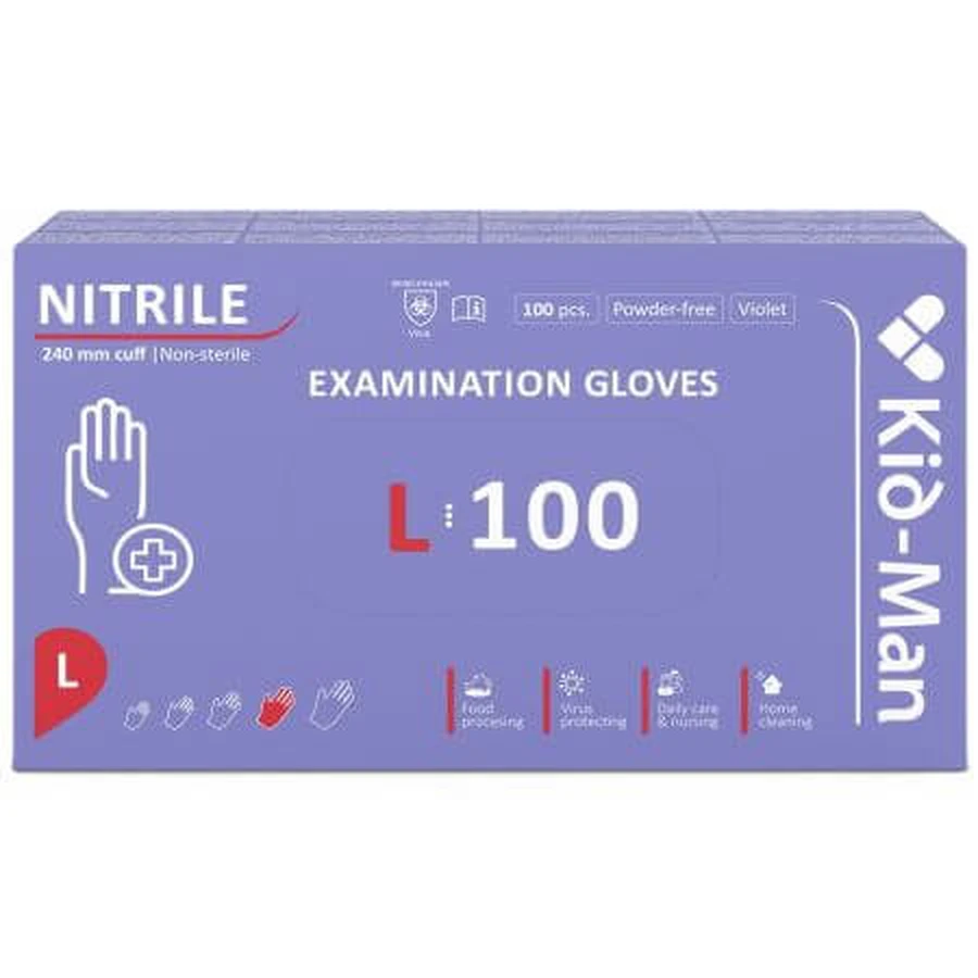 Disposable unpowdered nitrile gloves, size L, purple, 100 pieces, Kid-Man