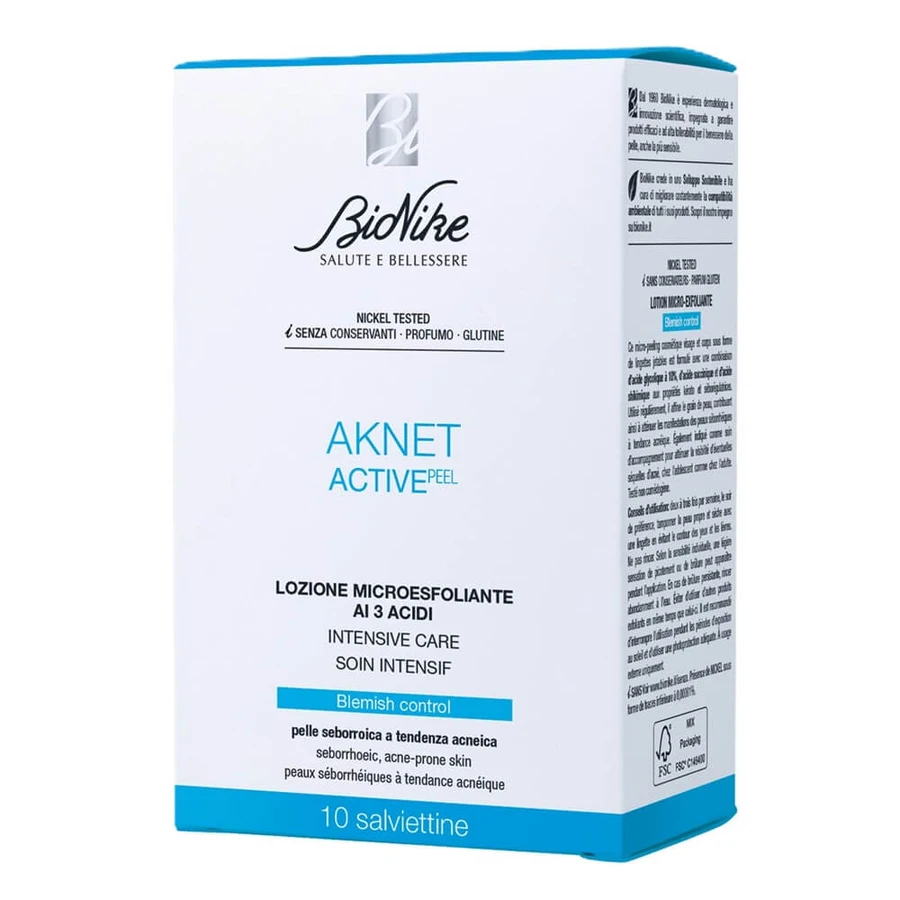 Loción microexfoliante ácida con 3 ácidos Aknet, 10 toallitas, Bionike