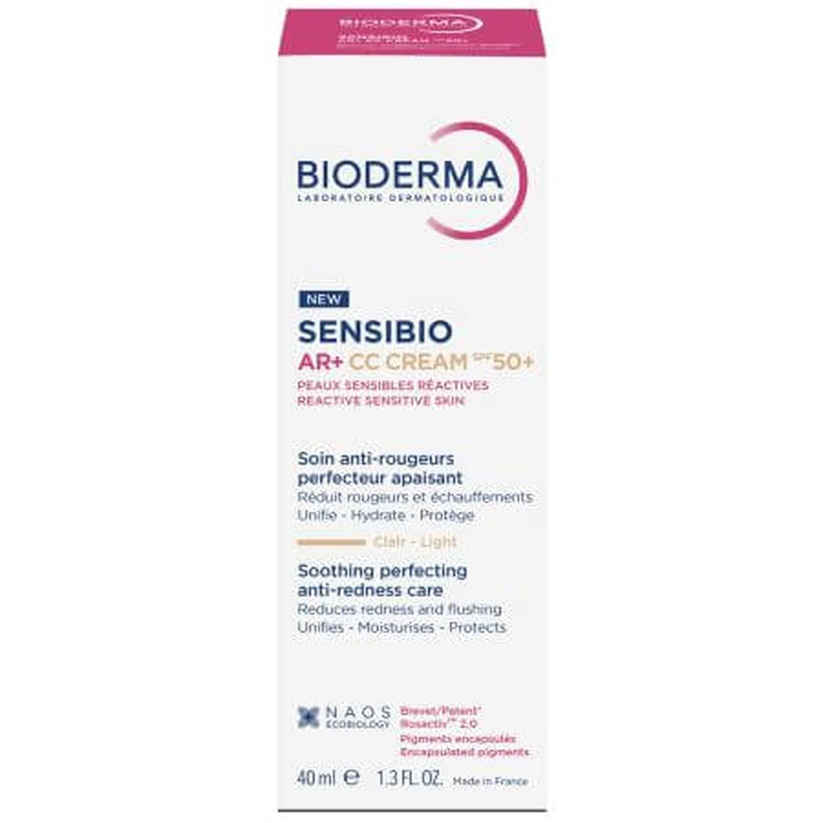 CC cream para piel sensible con factor de protección SPF50+, tono Light Tint Sensibio AR+, 40 ml, Bioderma