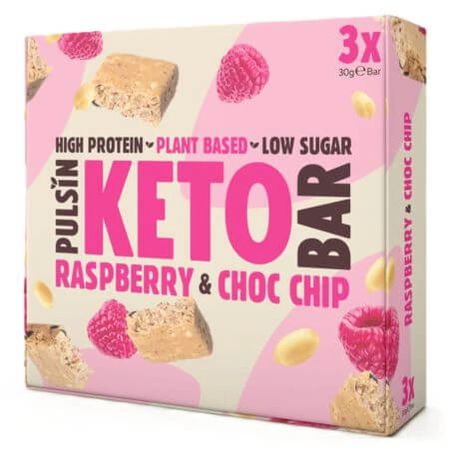 Proteinriegel mit Himbeeren und Schokoladenstückchen Keto Bar, 3x30 g, Pulsin