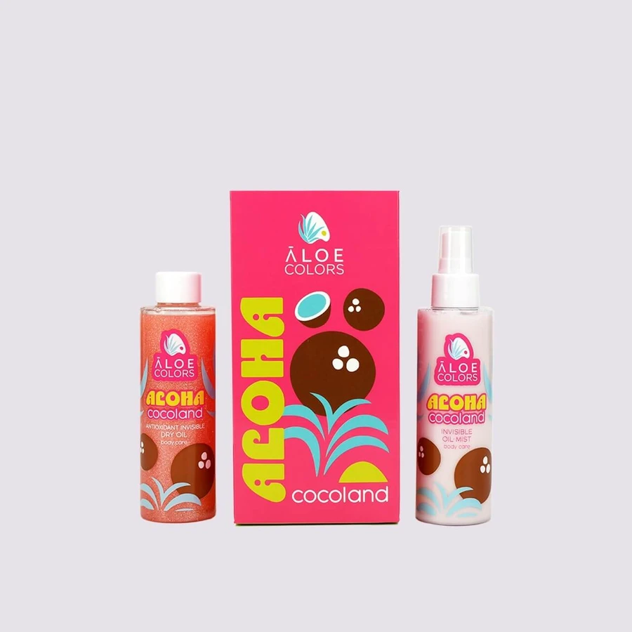 Set cadou ALOE COLORS Aloha Cocoland cu parfum de nucă de cocos, conține ulei Mist 150 ml și ulei uscat 150 ml