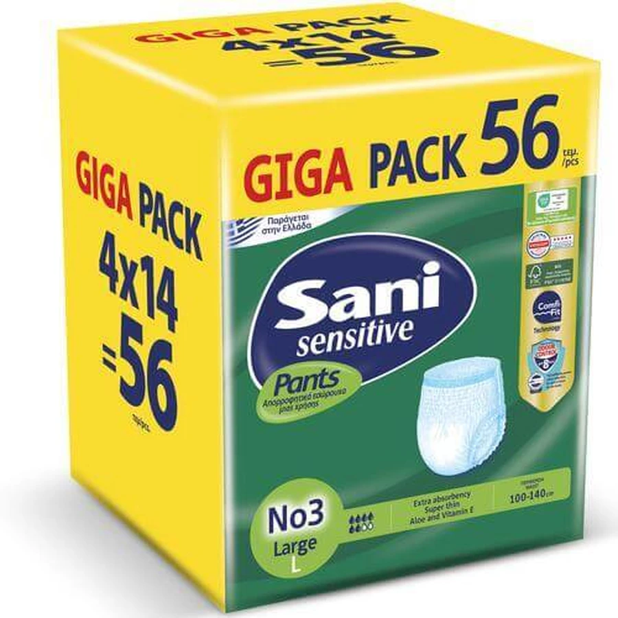 SANI Sensitive Pants Biancheria intima elastica per incontinenza Large No3 GIGA PACK 56 Pezzi