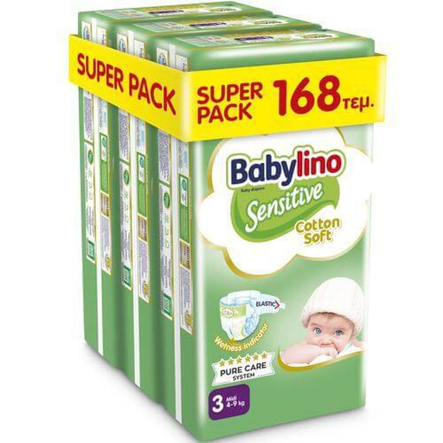 BABYLINO Couches pour enfants en coton doux et sensible No3 4-9kg (56x3) 168 pièces Super Pack
