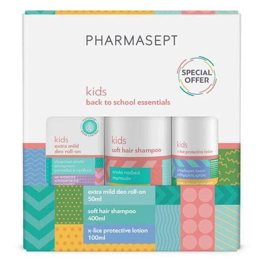 PHARMASEPT Back to School Pack With Kid Soft Hair Shampoo Kids Shampoo 400ml & X-Lice Protective Lotion Anti-Lice Lotion 100ml & Kids Extra Mild Deo Roll-On Deodorant for Kids 50ml
