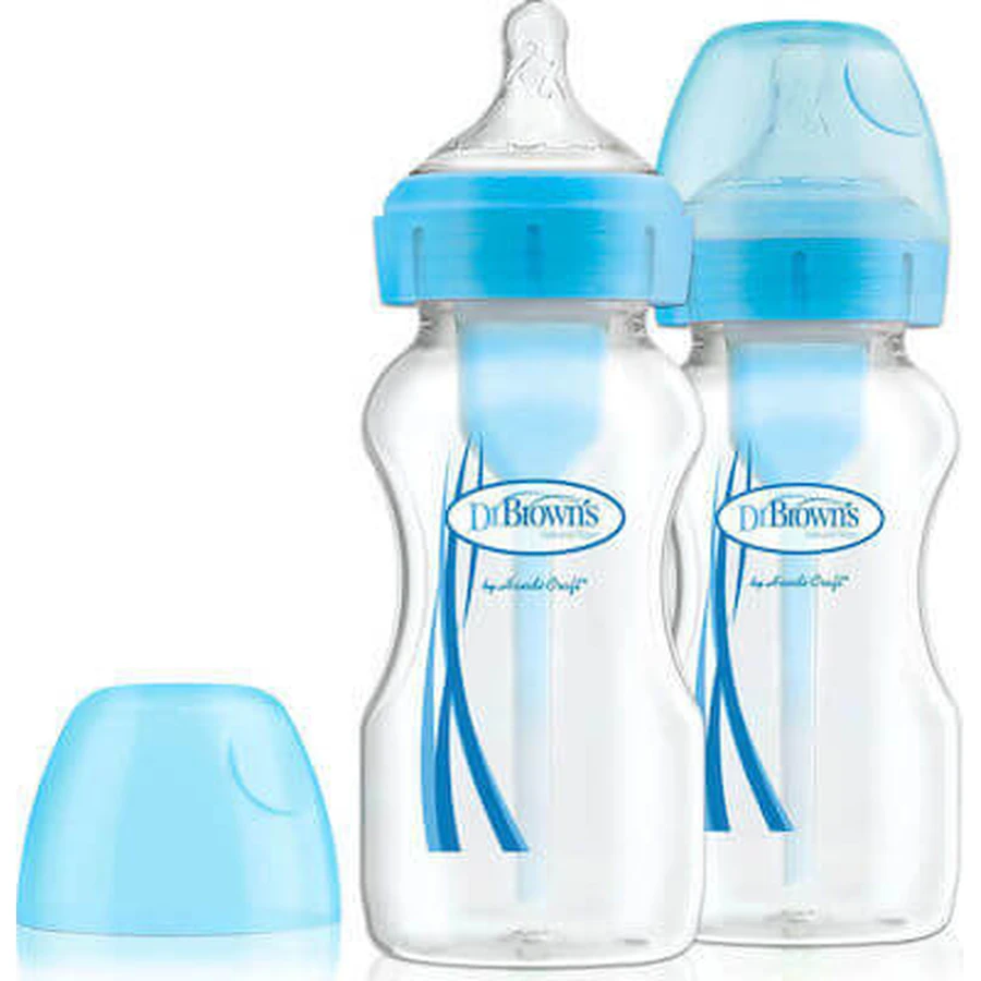 DR. BROWN`S Natural Flow Options+ Biberón de Plástico con Cuello Ancho y Tetina de Silicona Azul 2x270ml WB 92602