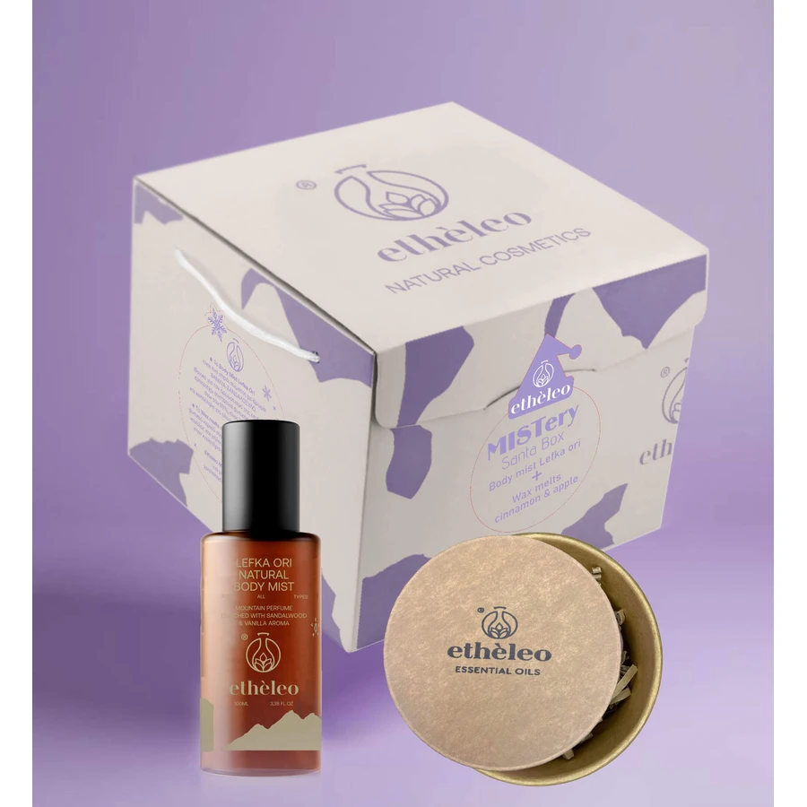 ETHELEO MISTERY Santa Box Caja de Navidad con Body Mist Lefka Ori 100ml & 4 Wax Melts Cinammon & Apple