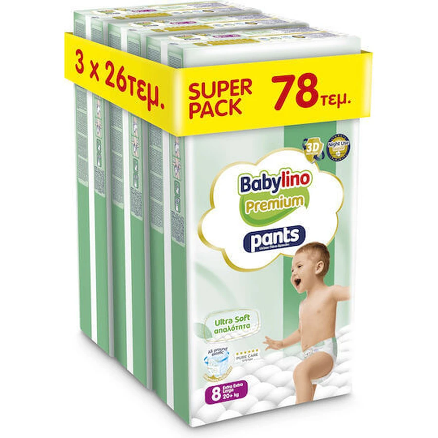 BABYLINO Premium Pants Ultra Soft Scutece Pull-on Softness No8 Super Pack [20+kg] 78 Scutece (3 x 26 bucăți)