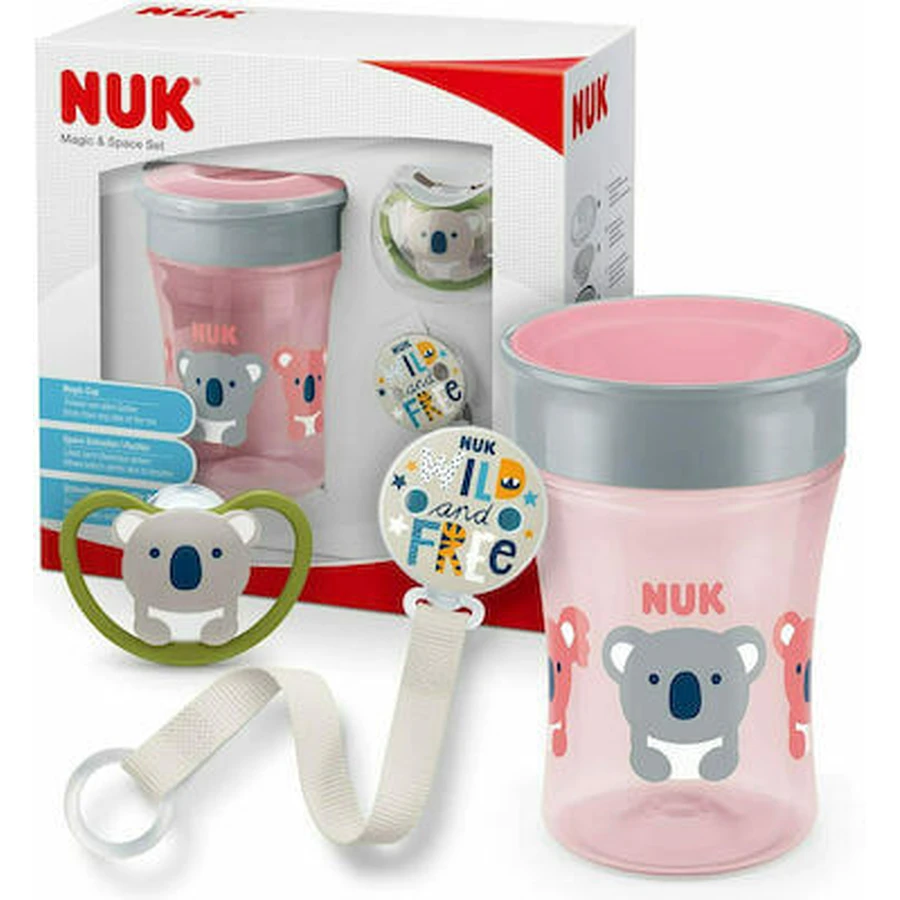 Ensemble NUK Magic Cup & Space avec tasse de cola transparente éducative, 230 ml, ruban de soutien et sucette Space pour les 6 mois et plus, en rose