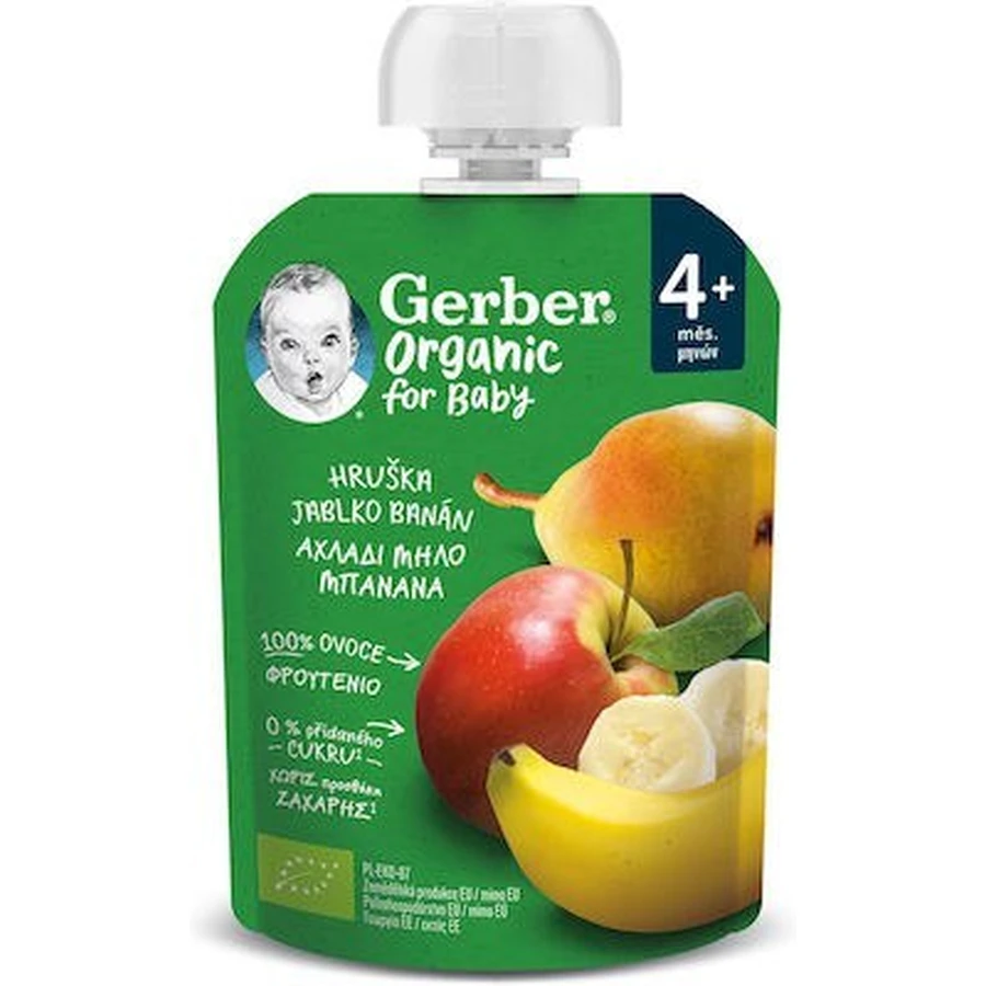 GERBER Organic Food Puré de frutas ecológicas con pera, manzana y plátano del 4º mes 90g