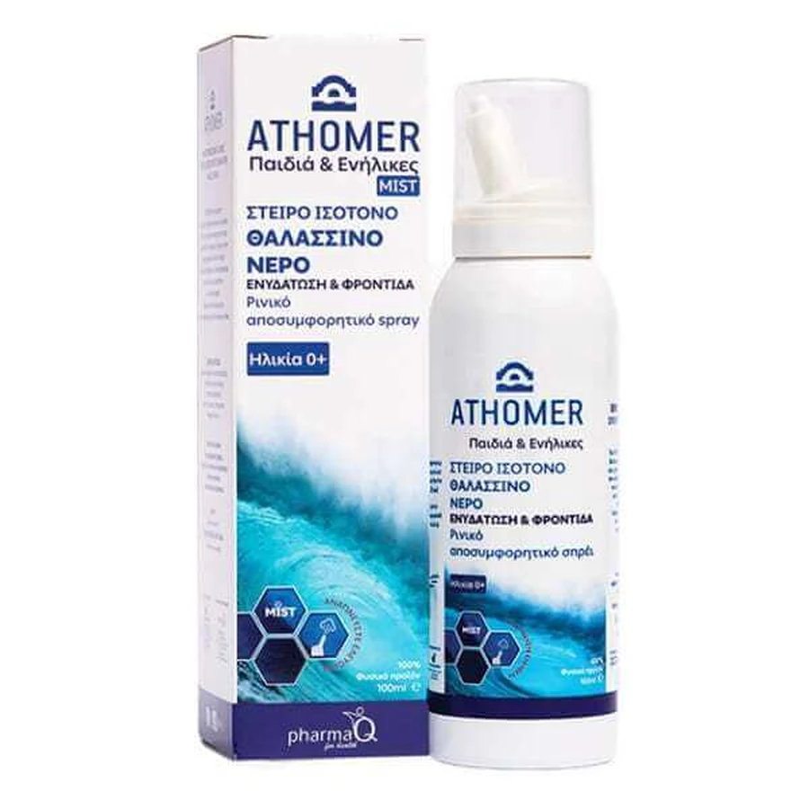 ATHOMER Steriele Isotone Neusontzwellende Zeewateroplossing Voor Baby's Kinderen & Volwassenen 100ml