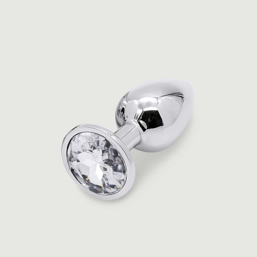 Anal Collection Butt Plug metalic mediu cu bijuterie rotundă - argintiu/transparent