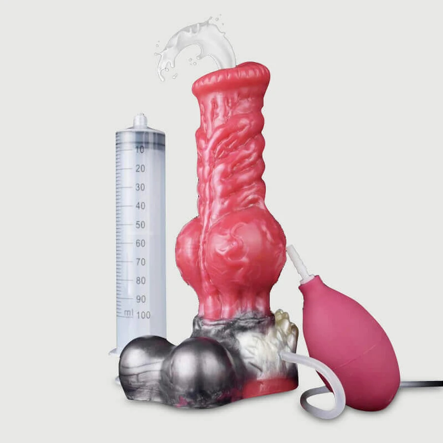 Dildo silikonowe Furry z przyssawką i wytryskiem 21 x 7,5 cm - czerwone: ceny i cechy