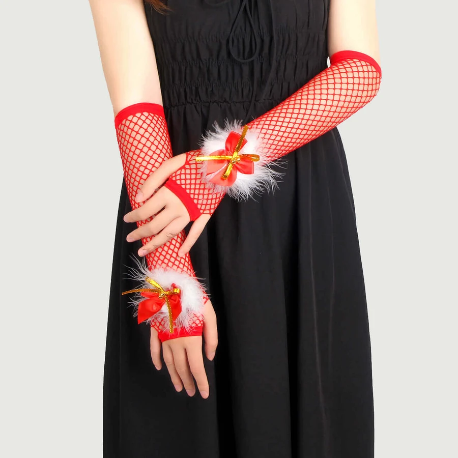 Sexy Bow Plush Decorațiuni de Crăciun Mănuși Fishnet - Roșu