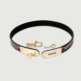 Luxury Leather Cuff Bracelet With Lock & Snake Print - Black/Pink