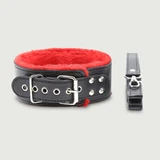 Halsband mit Leine und Innenfutter aus Fell - Rot/Schwarz