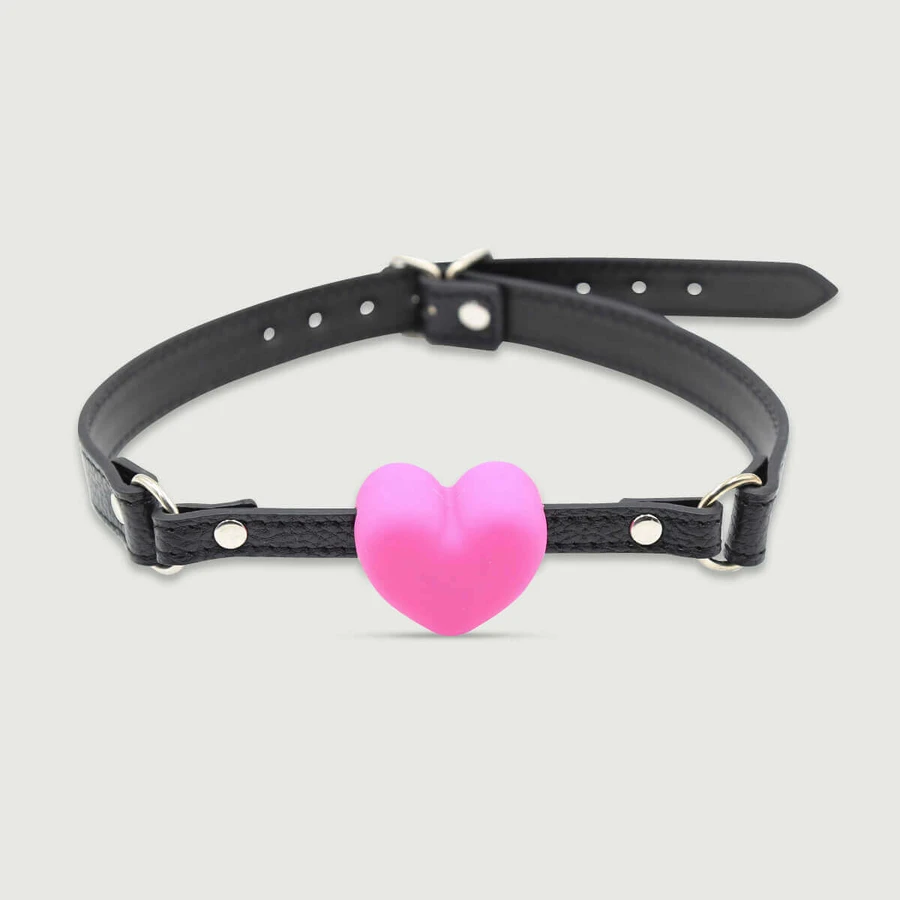 Bâillon boule en forme de coeur avec lanière en cuir - rose/noir
