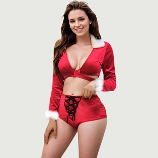 Costume de Noël 2 pièces sexy à manches longues et cravate - Rouge - Taille unique