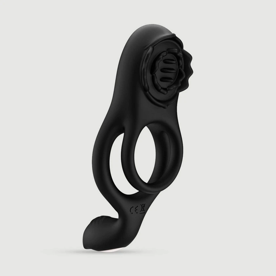 Silicone Flexibele Dubbele Cock Ring Met Clitoris & Perineum Stimulator - Zwart