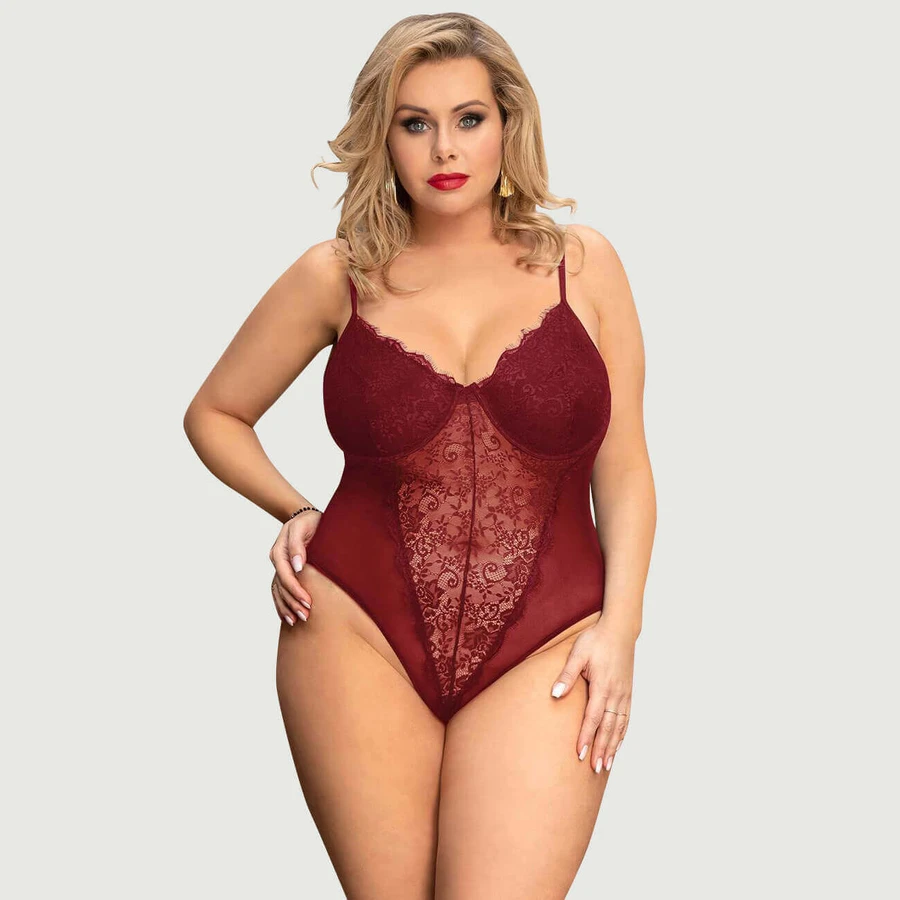 Plus Size Crotchless Hochwertige Spitze Spleißen Sexy Teddy mit Bügel - Rot - Groß/X-Groß