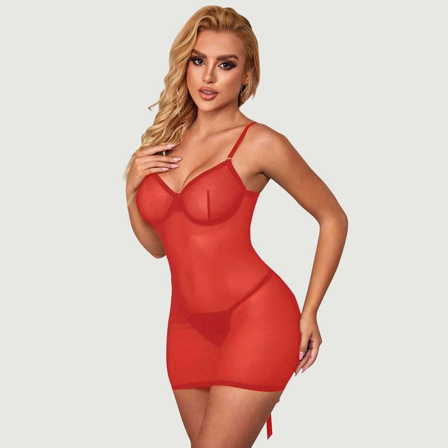 Sexy Mesh Strappy Lingerie With A Lace-Up Back - Red - One Size