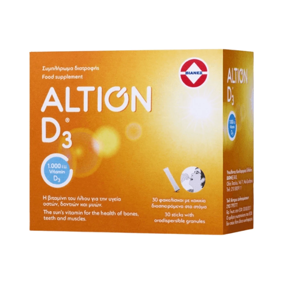 Altion D3 1000iu Vitamine D3 Supplement voor gezonde botten en een gezond immuunsysteem 30 sachets