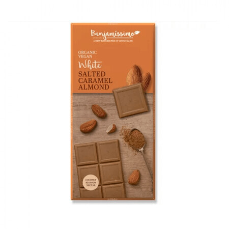 Biologische witte chocolade met amandelen en gezouten karamel, 70g, Benjamissimo