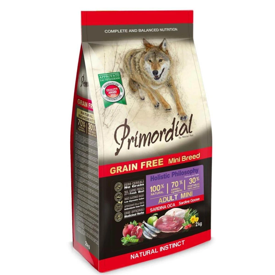 PRIMORDIAL Holistic Mini, XS-S, Sardine en Gans, graanvrij droogvoer voor honden, 2kg