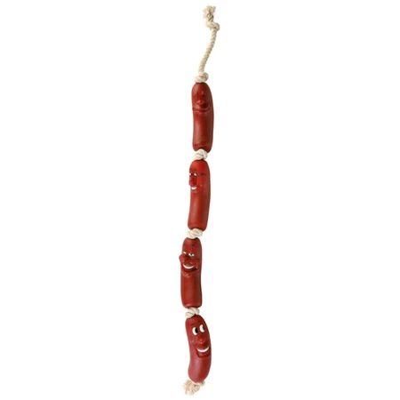 TRIXIE, sausage on a string toy for dogs, plastic with string, 75cm, red, 4 pieces