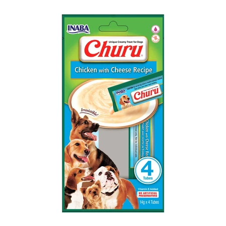 INABA Churu Dog, Pollo con Queso, golosinas líquidas sin cereales para perros, cobertura cremosa, 14g x 4