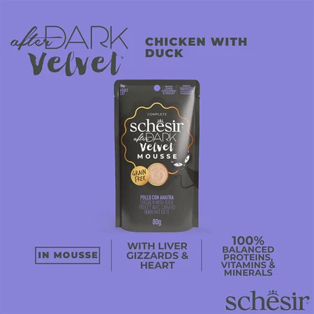 SCHESIR After Dark Fluweelmousse, Kip en Eend, zakje vochtig kattenvoer zonder granen, (mousse), 80g